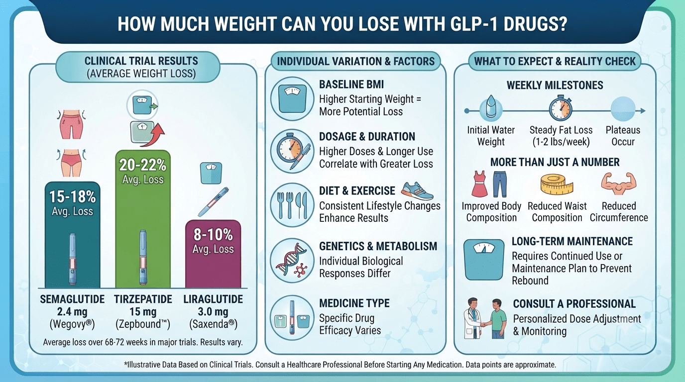 GLP-1 Weight Loss Drugs: Benefits, Side Effects & What You Need to Know in 2026 20 How Much Weight Can You Lose With GLP-1 Drugs