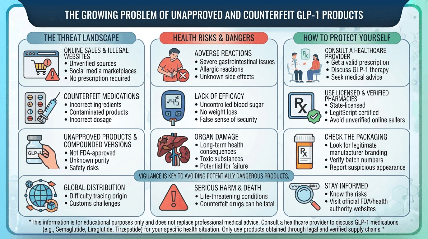 GLP-1 Weight Loss Drugs: Benefits, Side Effects & What You Need to Know in 2026 25 The Growing Problem of Unapproved and Counterfeit GLP-1 Products