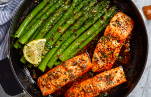 Grilled Salmon with Garlic Butter and Roasted Asparagus